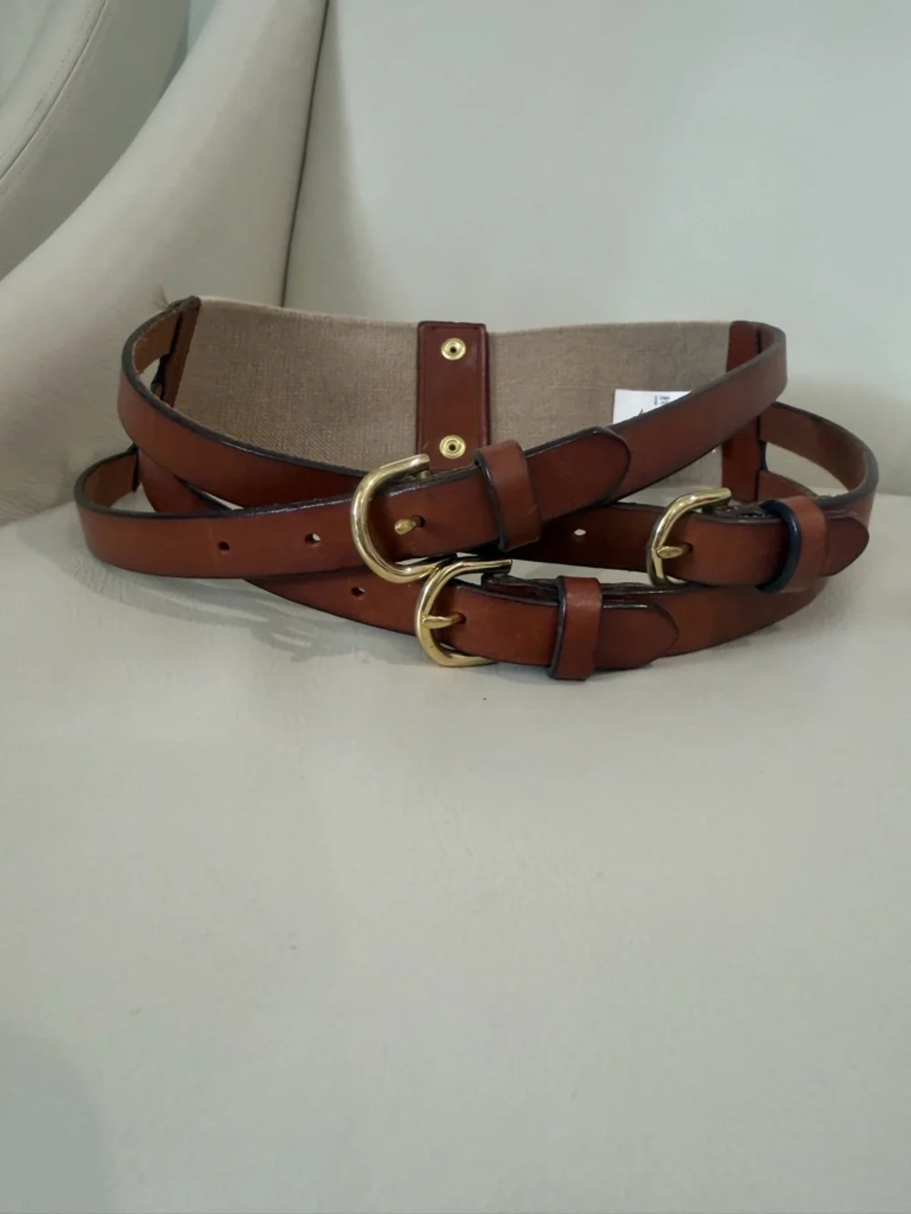 J. Crew Tan Double-Strap Belt with Gold Buckles - Picture 1 of 4